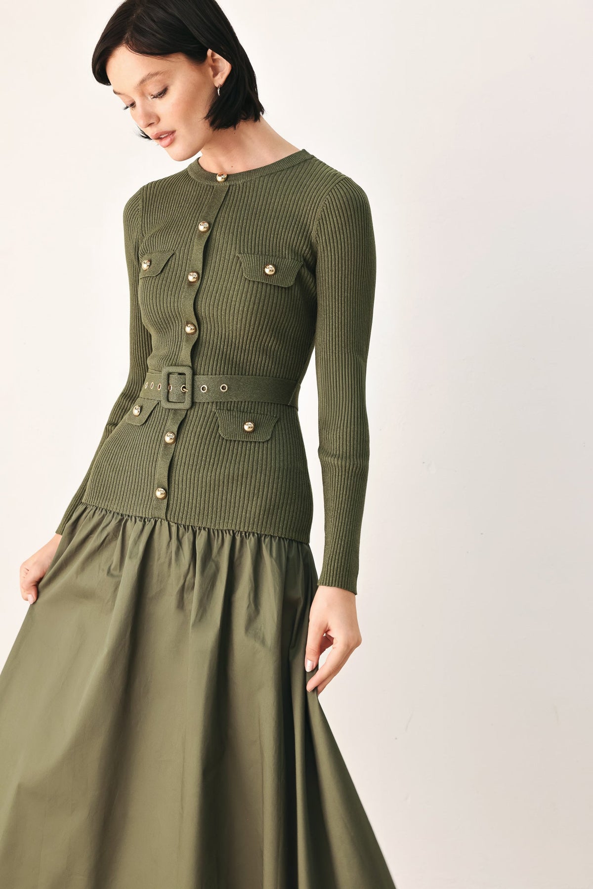 Olive City After Dark mixed media midi dress by Flying Tomato, featuring a stylish, flowing design with unique fabric details.
