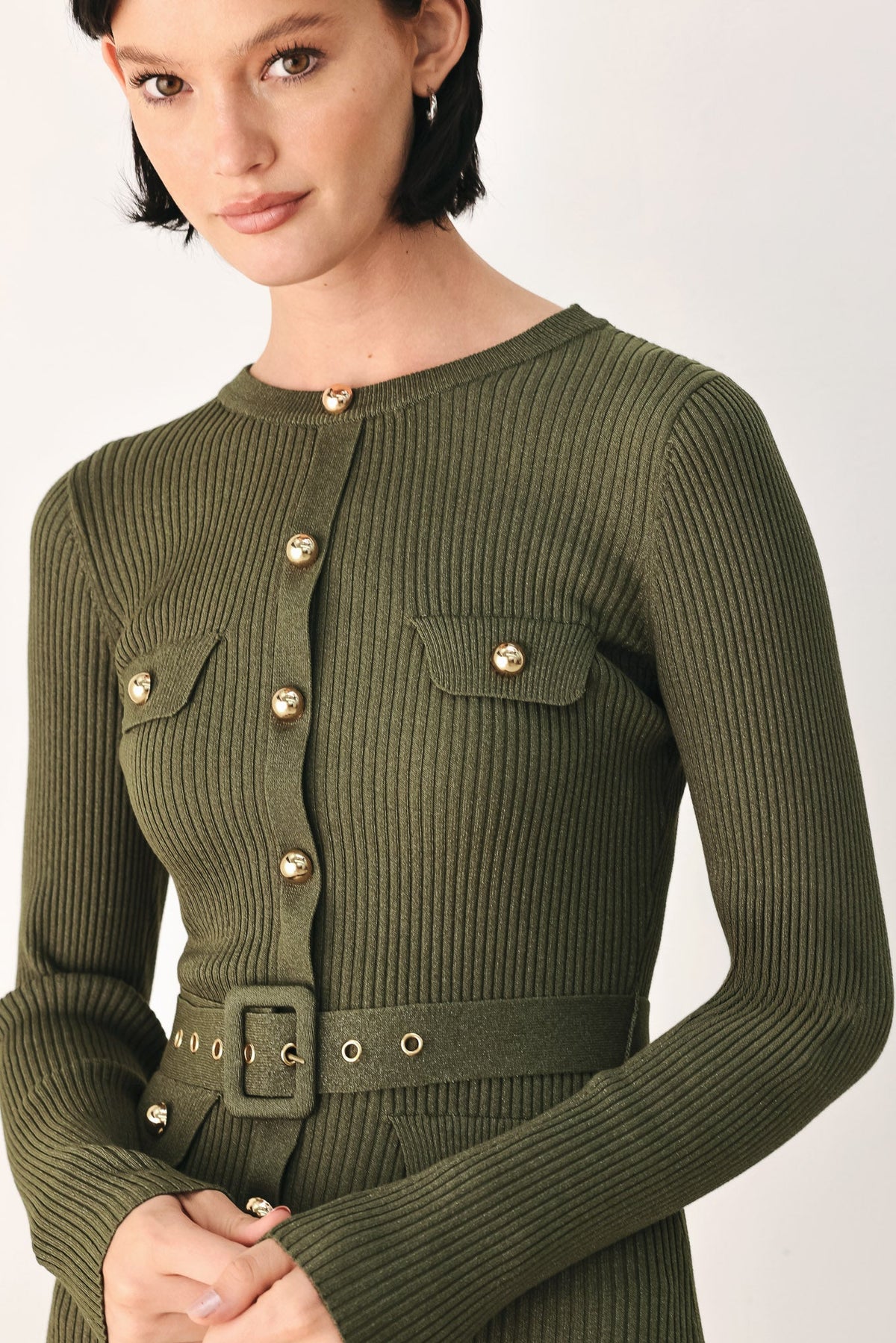 Olive City After Dark mixed media midi dress by Flying Tomato, showcasing a stylish, flowing dress with layered fabric details.