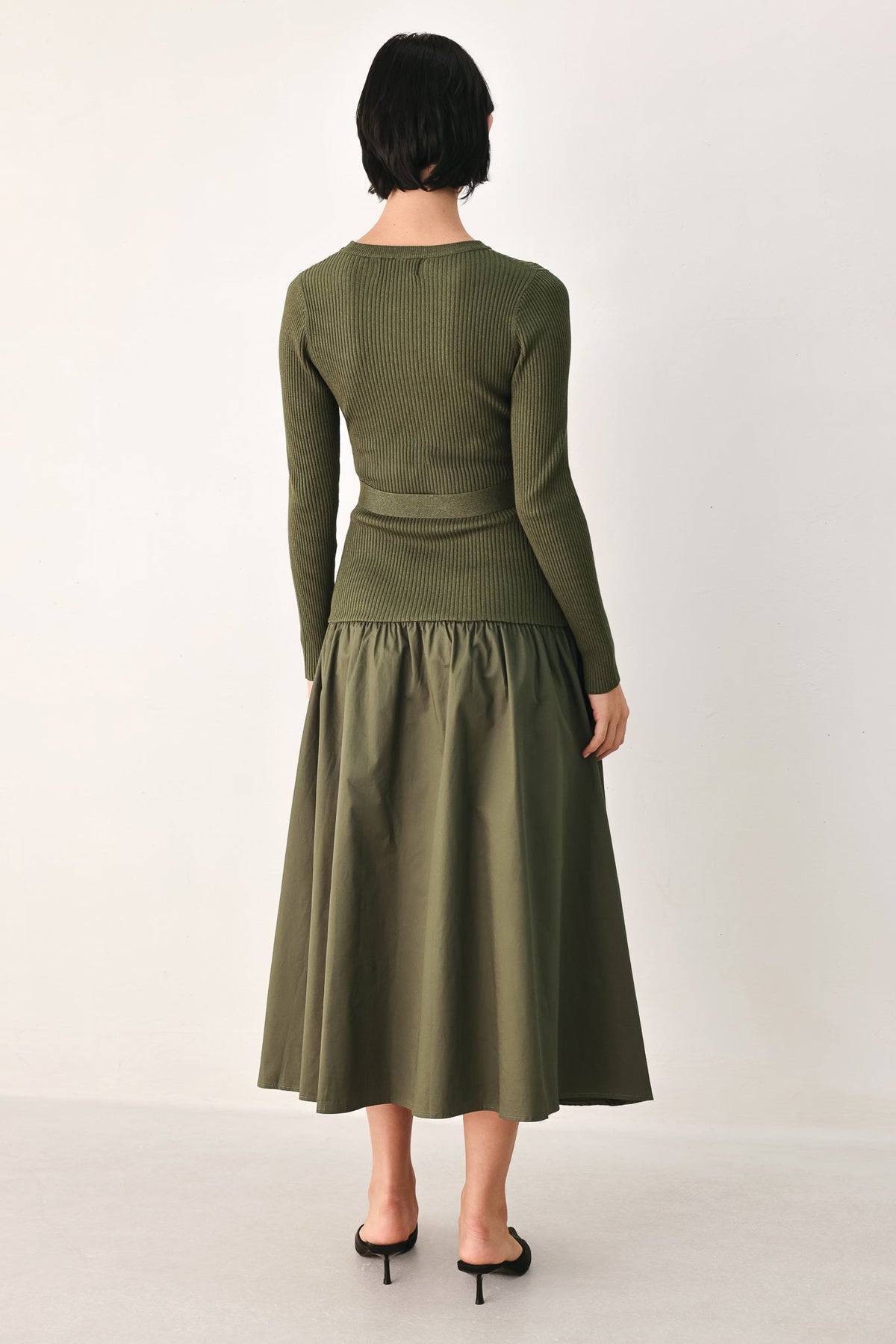 Flying Tomato City After Dark mixed media midi dress in olive, featuring stylish design and comfortable fit.