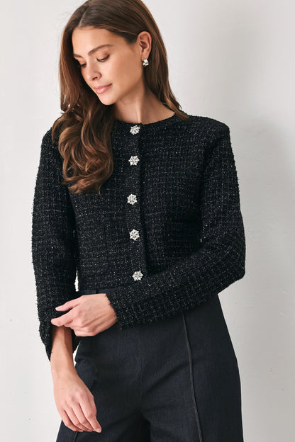JEWELED MIDNIGHT BLACK BUTTON-DOWN SWEATER CARDIGAN