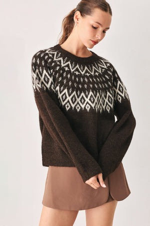 Dark brown Cabin Light Serenade sweater knit pullover by Flying Tomato featuring a cozy, textured knit design.