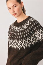 Dark brown Flying Tomato Cabin Light Serenade sweater knit pullover top with cozy, textured design and long sleeves.