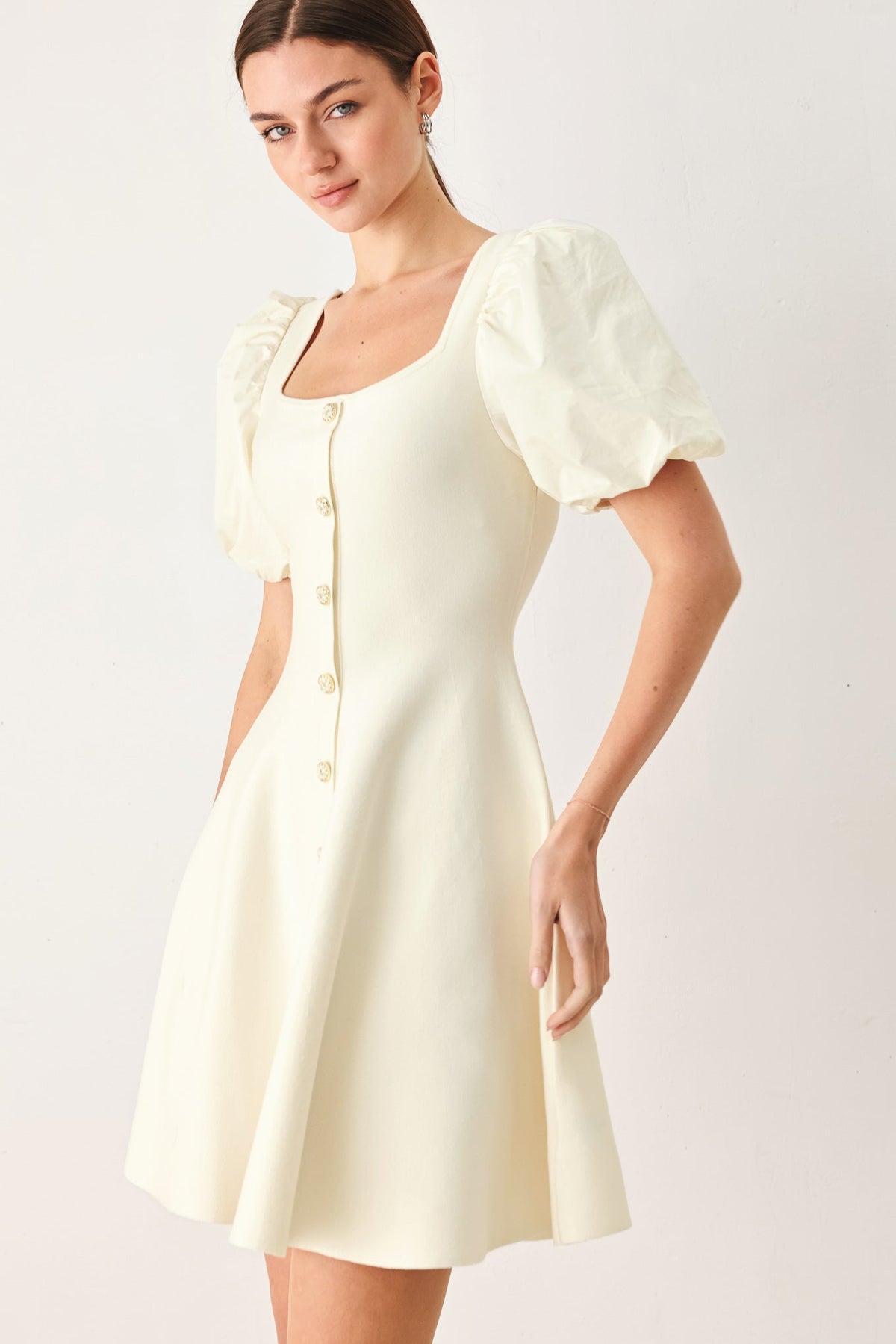 Ivory Buttercream Darling Sweater Knit Mini Dress by Flying Tomato, featuring a cozy knit texture and stylish fit.