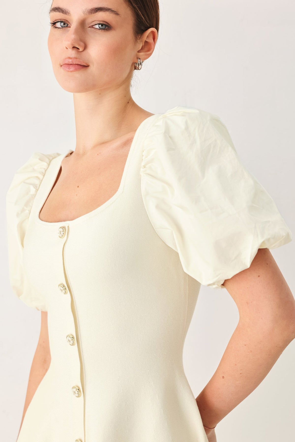 Flying Tomato Buttercream Darling Sweater Knit Mini Dress in ivory, featuring a cozy knit texture and stylish fit.