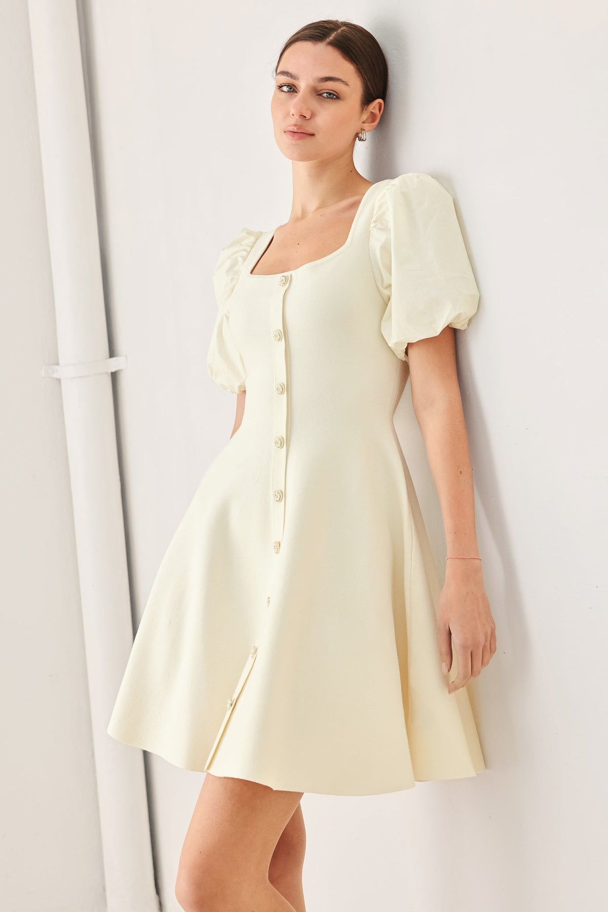 Ivory Buttercream Darling Sweater Knit Mini Dress by Flying Tomato, featuring a cozy, fitted knit design perfect for casual wear.