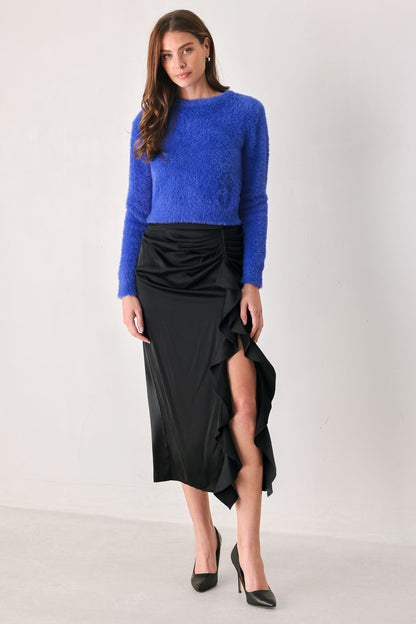 Flying Tomato COLOR POP fuzzy sweater top in cobalt blue, featuring a cozy, textured knit design for casual comfort.