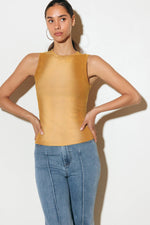 Flying Tomato No One Prettier knit tank top in camel color, lightweight sleeveless top with a relaxed fit.