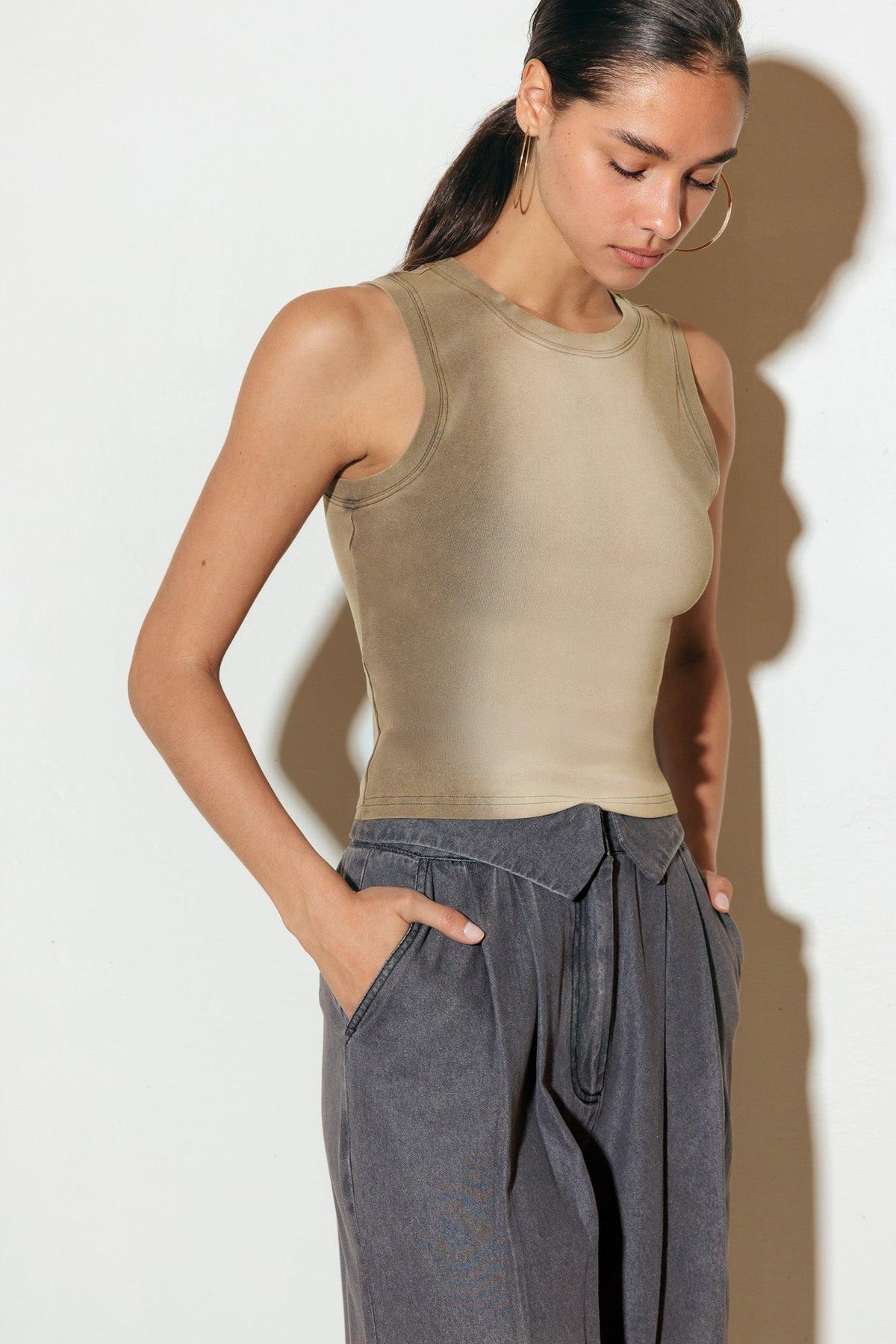 Flying Tomato No One Prettier knit tank top in charcoal, casual sleeveless top with ribbed texture and relaxed fit.