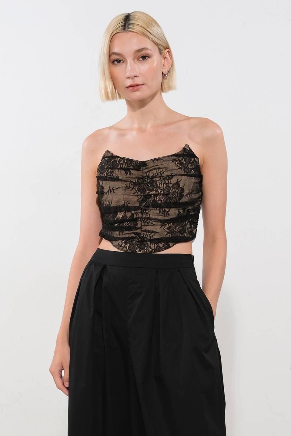 Black lace crop top from Flying Tomato's Be The Exception collection, featuring delicate lace details and a stylish fit.