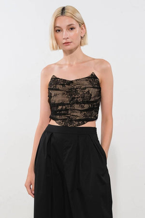 Black lace crop top from Flying Tomato's Be The Exception collection, featuring delicate lace details and a stylish fit.