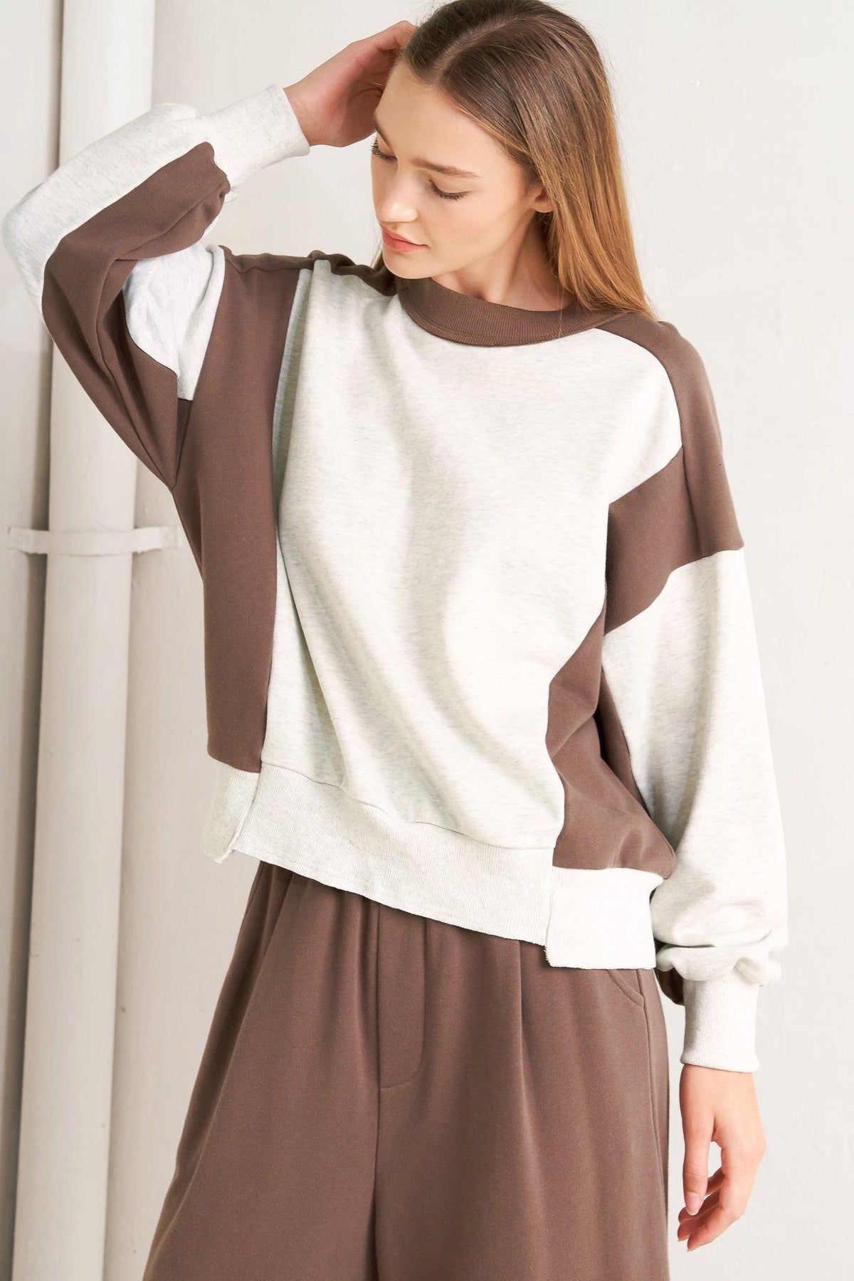 Flying Tomato In Too Deep pullover knit top in oatmeal brown, featuring a cozy, casual fit and soft fabric for comfortable wear.