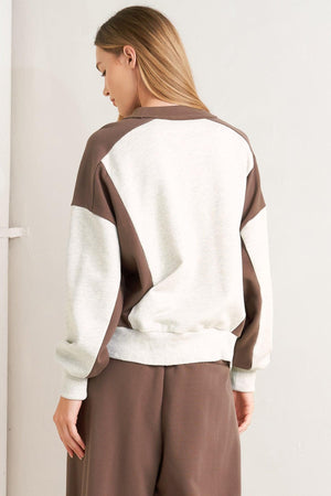 Flying Tomato In Too Deep Pullover Knit Top in oatmeal brown, featuring a cozy, relaxed fit with ribbed cuffs and neckline.