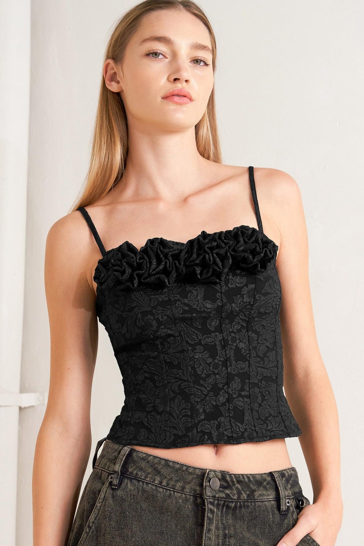 Black Forever Daydreaming woven top by Flying Tomato, featuring a lightweight, patterned fabric with a relaxed fit.
