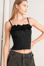 Flying Tomato Forever Daydreaming woven top in black, lightweight with intricate woven pattern and relaxed fit, displayed on a neutral background.