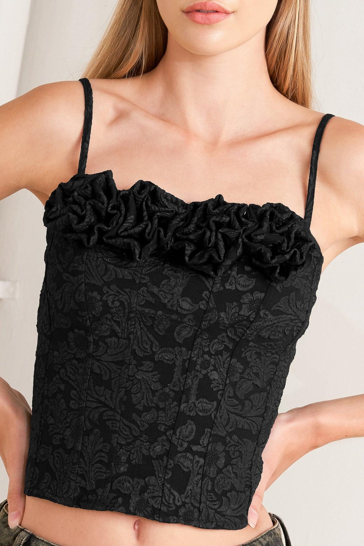 Black Forever Daydreaming woven top by Flying Tomato, featuring lightweight fabric and relaxed fit, displayed on a hanger.