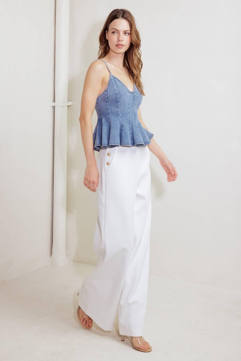 Light denim Sandy Waltz cami top by Flying Tomato, featuring a relaxed fit and sleeveless design with adjustable straps.