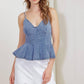 Light denim Sandy Waltz cami top by Flying Tomato, featuring a sleeveless design and casual fit, perfect for everyday wear.
