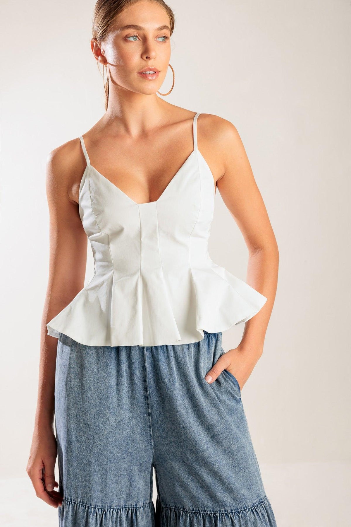 Off-white woven cami top from Flying Tomato's IT'S PERFECT TIMING collection, featuring a lightweight, sleeveless design.