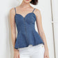 Flying Tomato Power Poise Indigo Cami Top displayed on a hanger, showcasing its soft fabric and stylish fit.