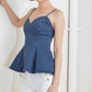 Flying Tomato Power Poise Indigo Cami Top, lightweight sleeveless blouse in vibrant indigo fabric with thin straps.