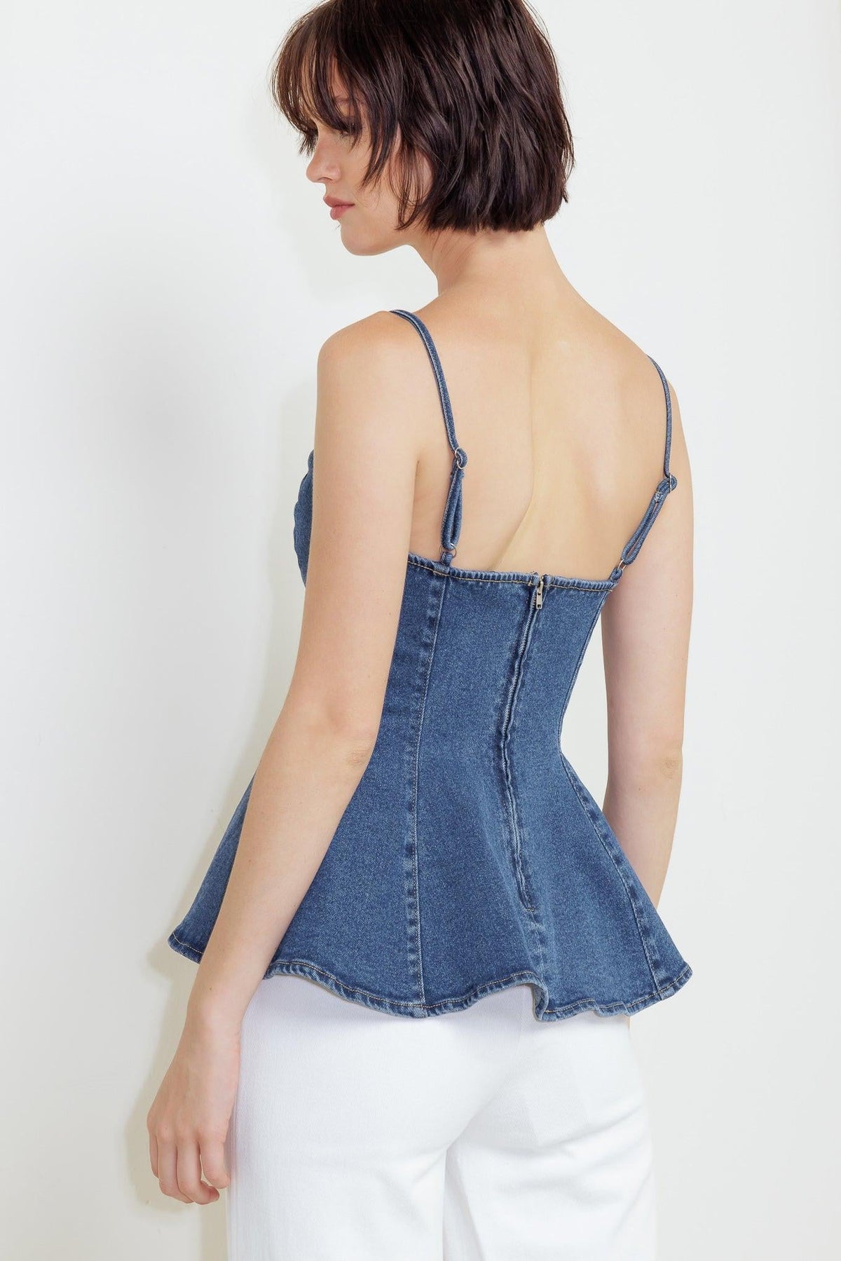 Flying Tomato Power Poise Indigo Cami Top, soft fabric, fitted style, with thin straps and a scoop neckline.