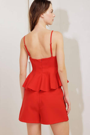 Red woven cami top from Flying Tomato's melted marshmallow collection, featuring lightweight fabric and adjustable straps.