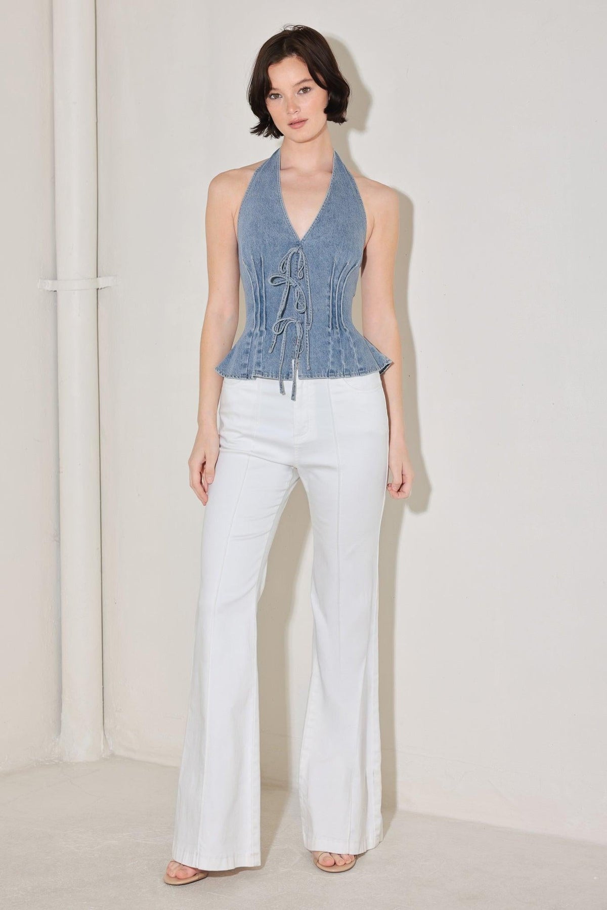 Flying Tomato Retro Rise halter denim top with sleeveless design and front button closure, casual and stylish for everyday wear.
