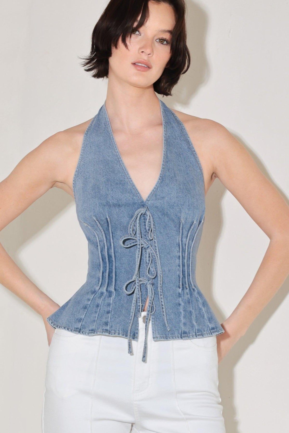 Flying Tomato Retro Rise Halter Denim Top, sleeveless with high neckline and button details, casual fashion for women.