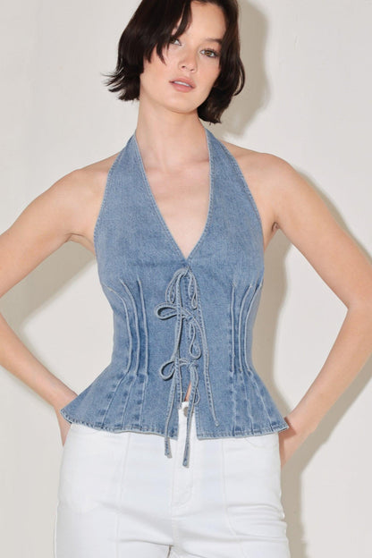 Flying Tomato Retro Rise Halter Denim Top, sleeveless with high neckline and button details, casual fashion for women.