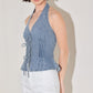 Flying Tomato Retro Rise Halter Denim Top featuring a classic design, denim fabric, and halter neckline, perfect for casual wear.
