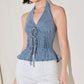 Flying Tomato Retro Rise Halter Denim Top, front view showing classic blue denim fabric and halter neckline.