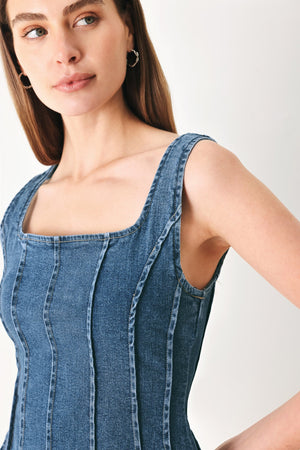 Flying Tomato Honeyline denim top in indigo, showcasing a stylish casual denim blouse with button details and a relaxed fit.