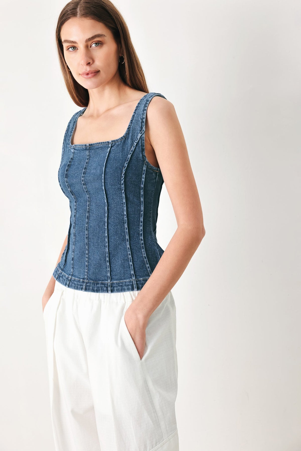 Flying Tomato Honeyline Denim Top in indigo, featuring a stylish denim design with a classic fit and button details.
