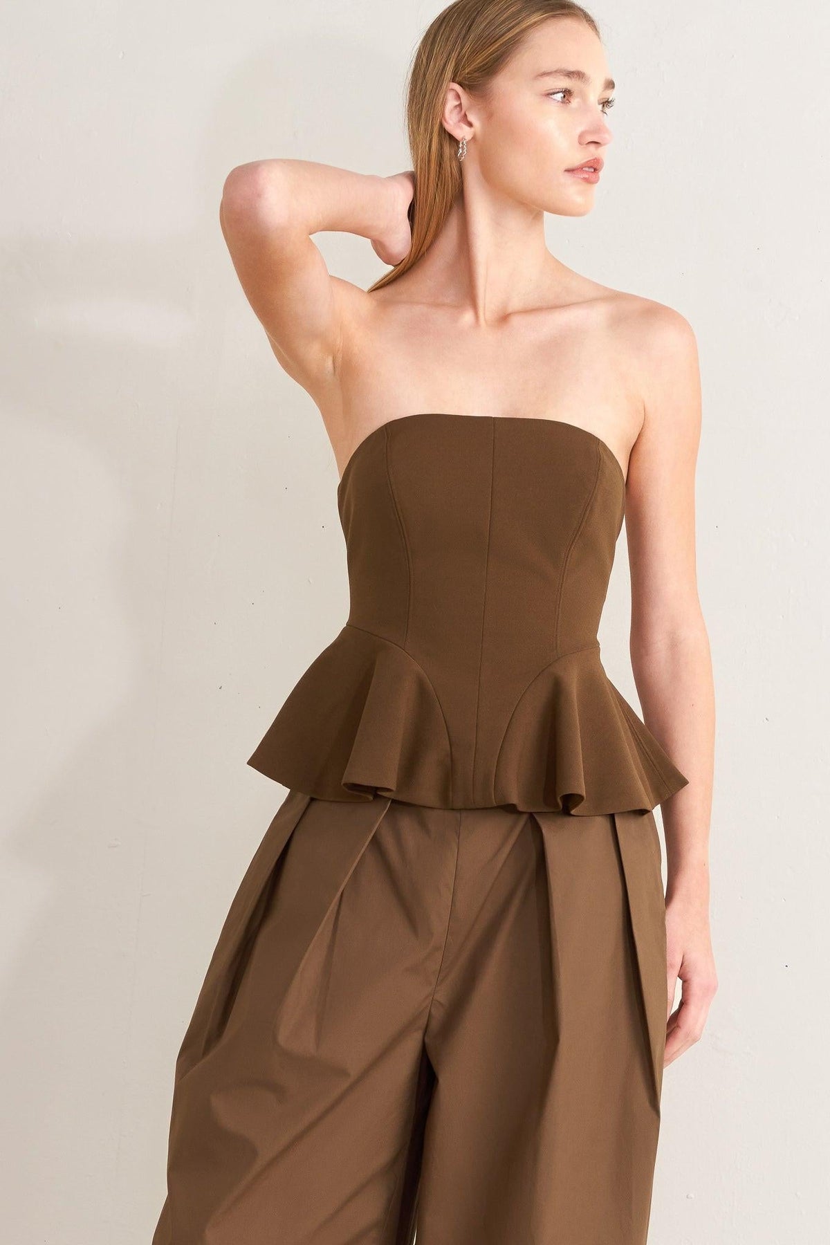 Flying Tomato woven tube top in brown with a sleek, fitted design and woven texture, perfect for casual or stylish outfits.