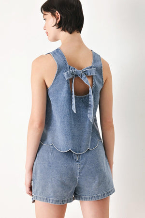 Light denim floral love denim top by Flying Tomato, featuring a fitted design with colorful floral patterns.