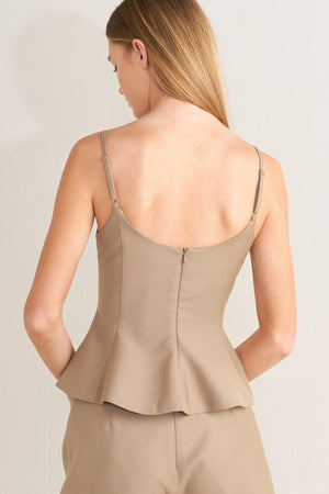 Khaki brown Manhattan peplum woven cami top by Flying Tomato, featuring a fitted bodice and stylish peplum detail.