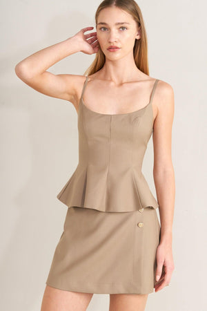 Flying Tomato Manhattan peplum woven cami top in khaki brown, featuring a fitted bodice and stylish peplum detail.