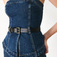 Flying Tomato Skyline flare denim tube top in indigo denim, close-up view of the fitted, sleeveless denim top with flare design.