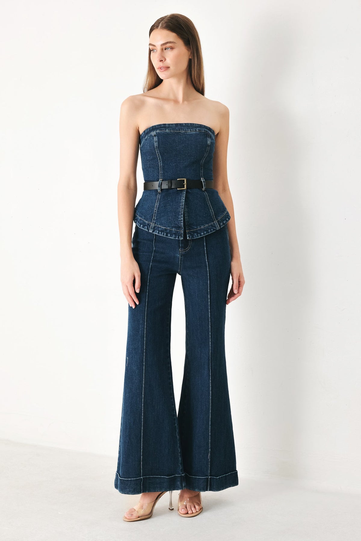Flying Tomato Skyline Flare Denim Tube Top in indigo denim, close-up view of the fitted, sleeveless crop top with flare details.