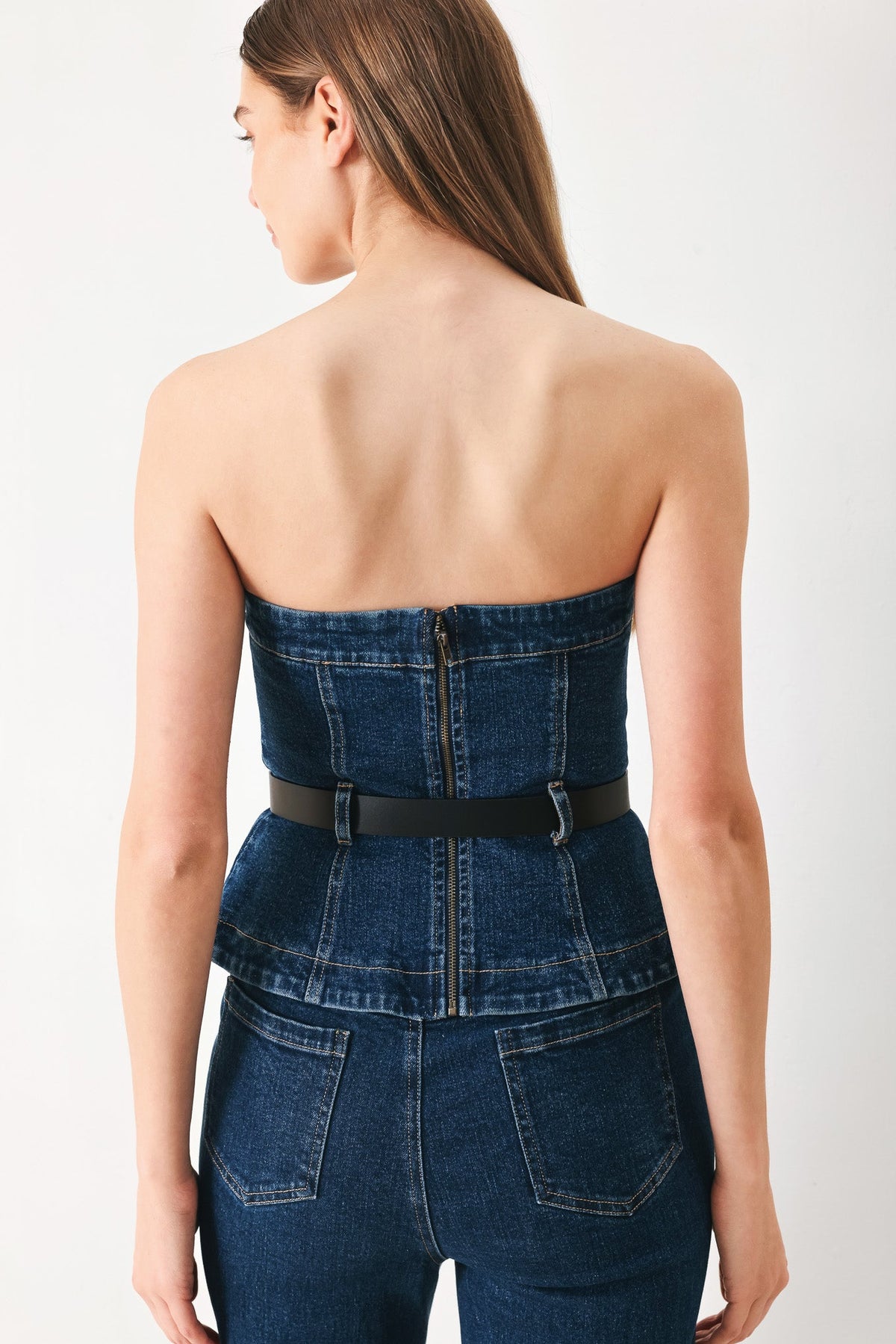 Flying Tomato Skyline Flare Denim Tube Top in indigo denim, close-up of fitted sleeveless crop top with flare details.