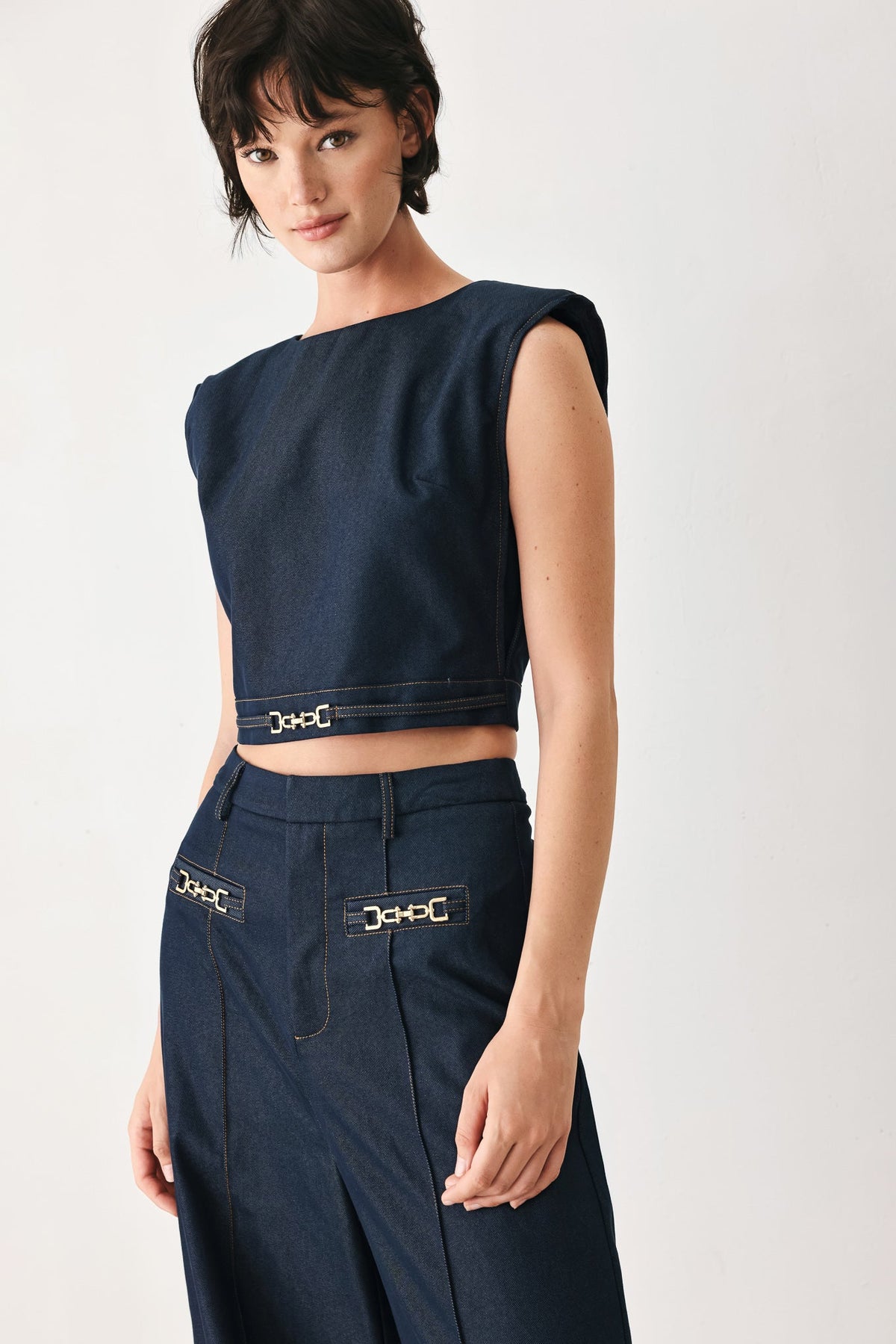 Flying Tomato Yacht Club woven crop top in indigo with short sleeves and a casual, stylish design.