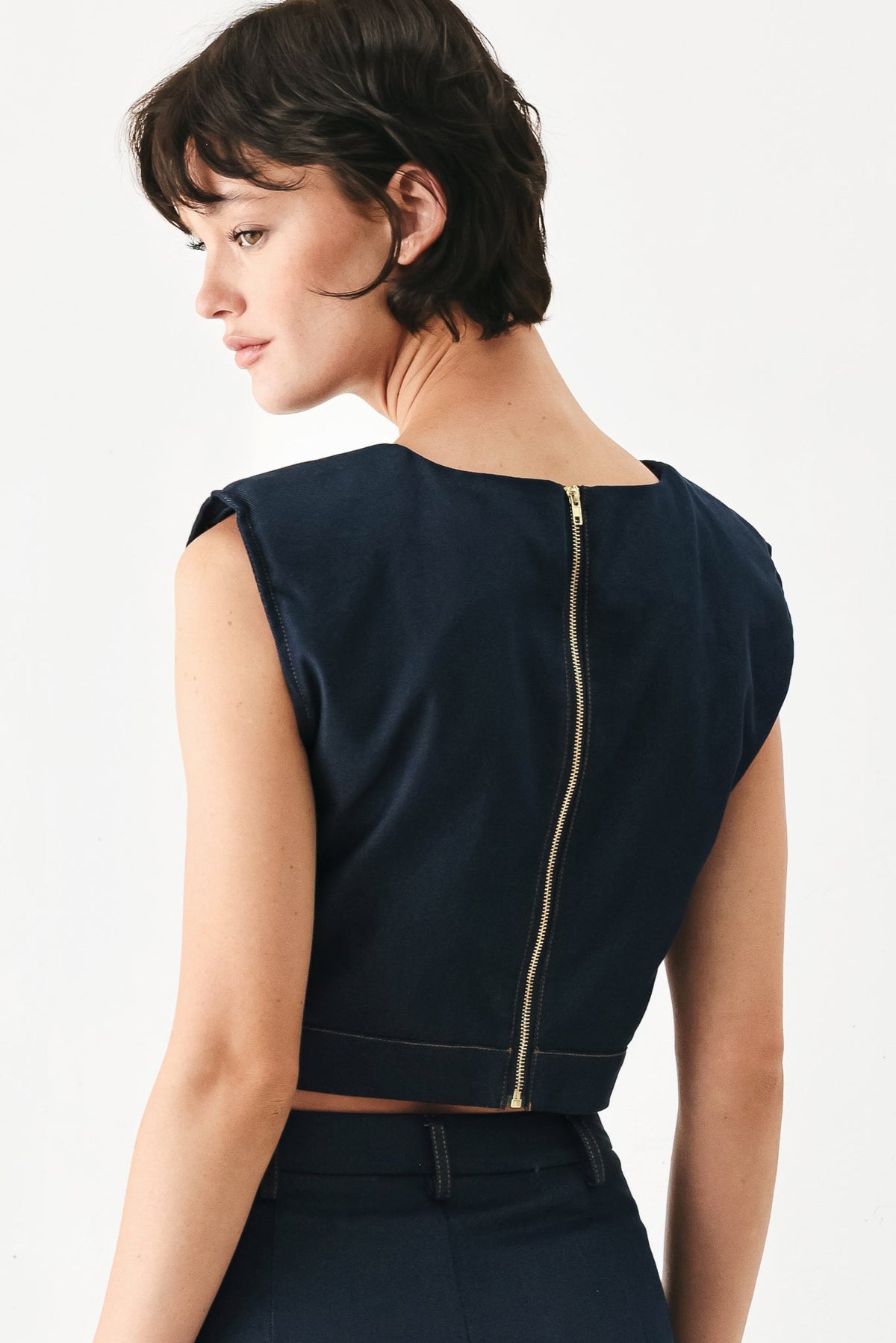 Flying Tomato Yacht Club woven crop top in indigo, featuring a stylish, lightweight design perfect for casual summer wear.