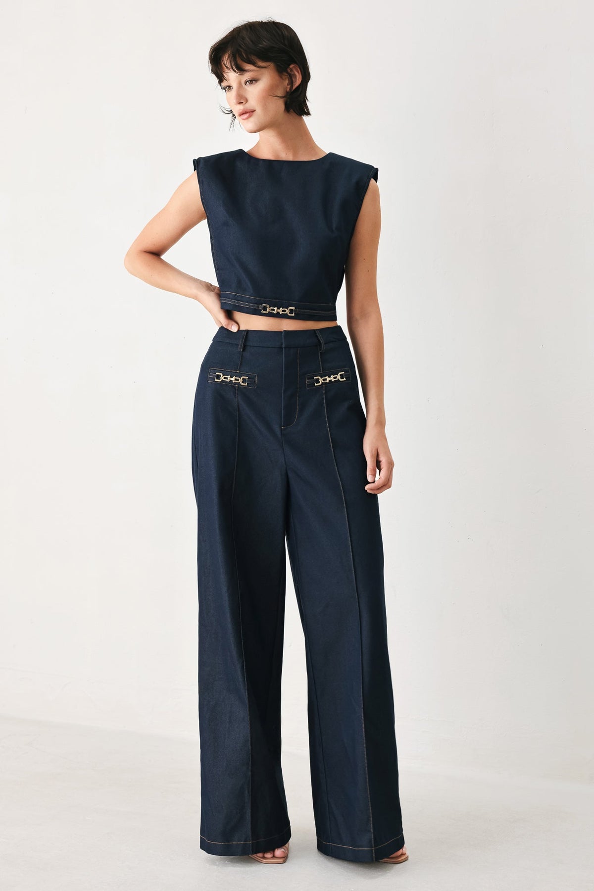 Flying Tomato Yacht Club woven crop top in indigo with a relaxed fit, featuring a stylish, casual design.