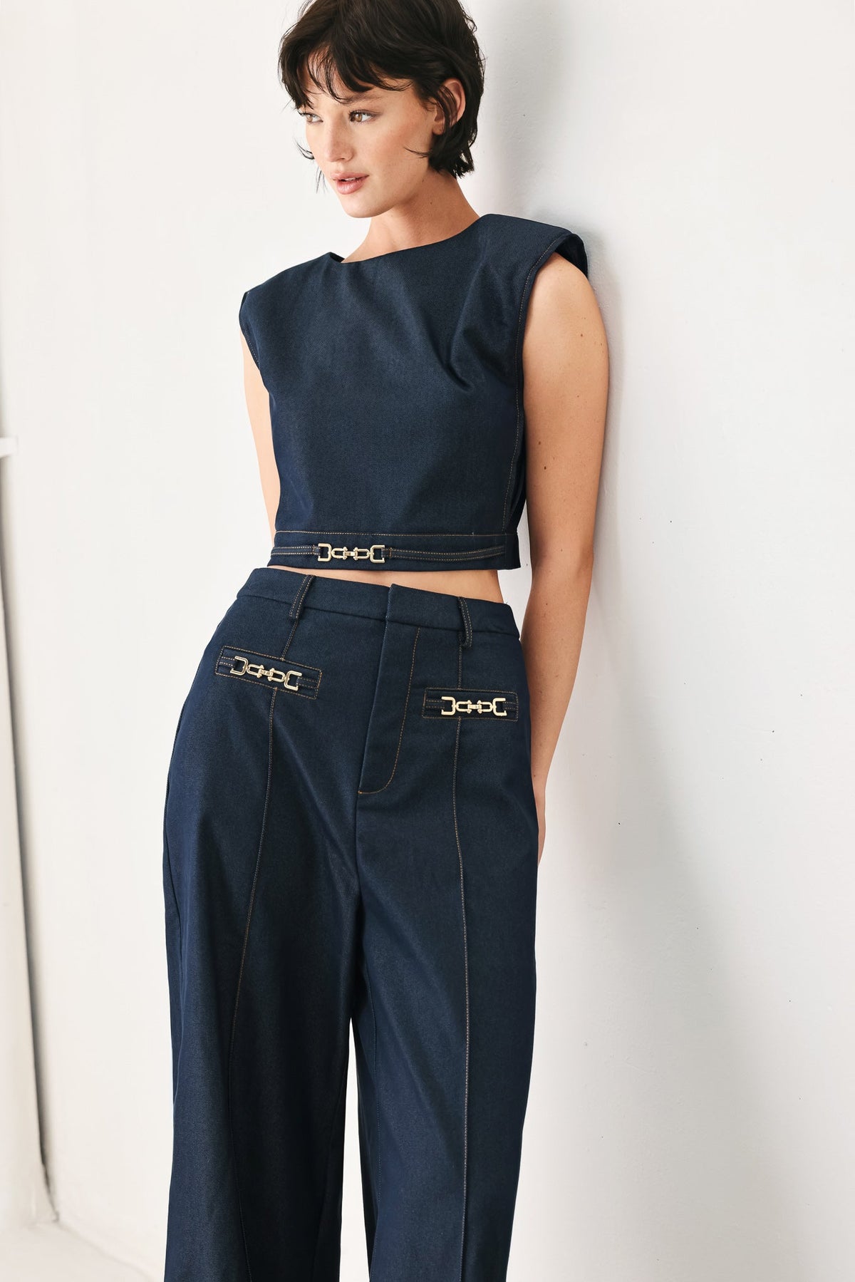 Flying Tomato Yacht Club woven crop top in indigo, featuring a stylish and casual design with detailed woven fabric.