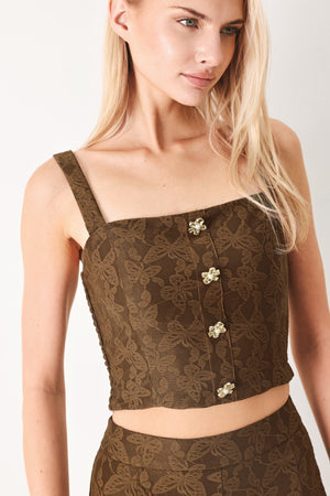 Flying Tomato Moonlight Boho woven crop top in brown with intricate woven details, short sleeves, and a relaxed fit.