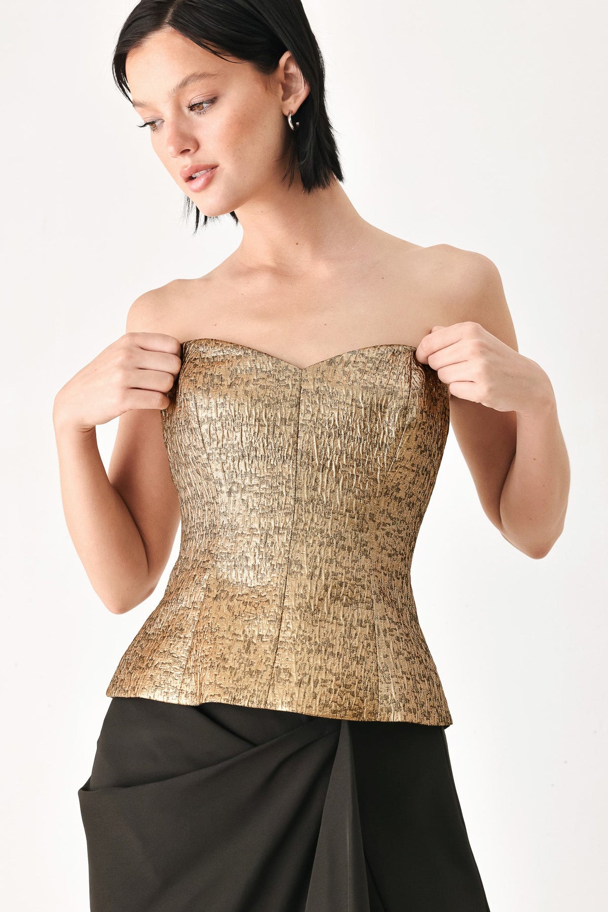 Flying Tomato Gold Rush Metallic Sweetheart Tube Top, shiny gold metallic fabric with a fitted, strapless design.