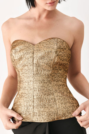 Gold Rush Metallic Sweetheart Tube Top from Flying Tomato, featuring shiny gold fabric and a fitted, strapless design.