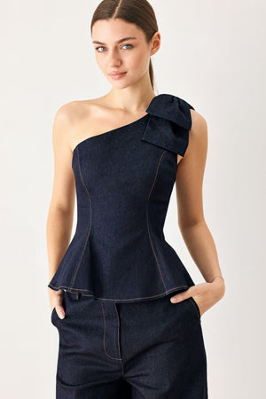 Flying Tomato Indigo Bow One Shoulder Denim Top, dark wash, stylish women's sleeveless top with bow detail and asymmetric shoulder design.