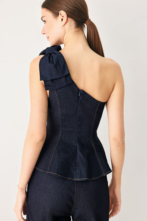Flying Tomato Indigo Bow One Shoulder Denim Top, dark wash, stylish off-shoulder design with bow detail, casual women's fashion top.
