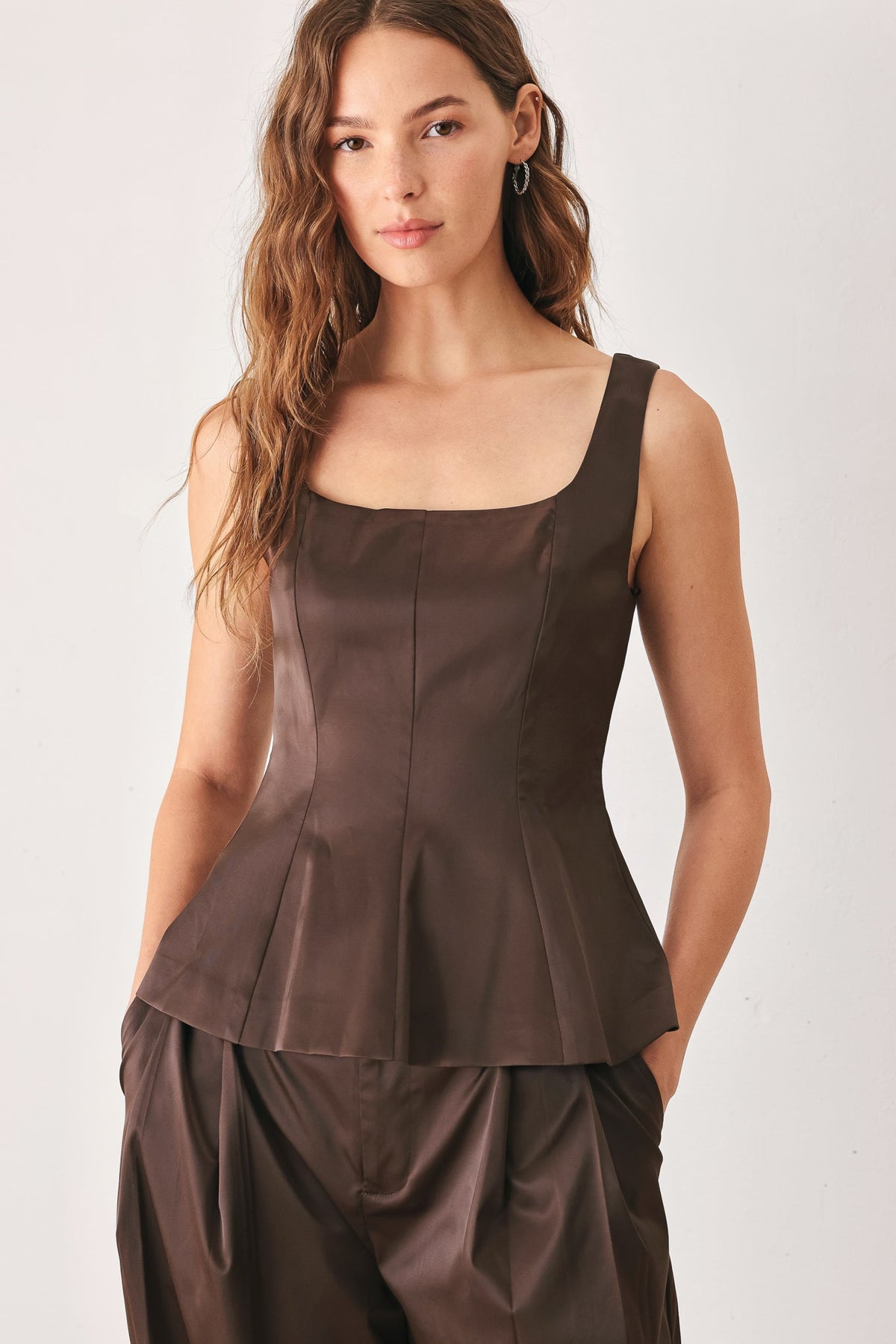 Brown parchment woven top by Flying Tomato, lightweight sleeveless blouse with textured fabric and relaxed fit.